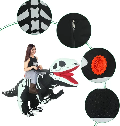 Vista 4 de Panitay Disfraz inflable de dragón inflable, disfraz inflable de Raptor que brilla en la oscuridad, disfraz de dinosaurio inflable de esqueleto