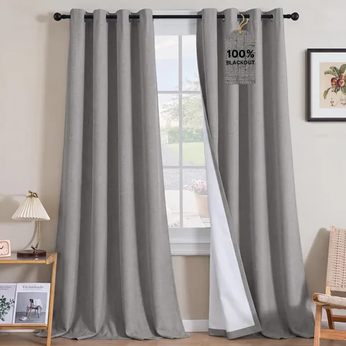 Vista 216 de H.VERSAILTEX Cortinas 100% opacas con aislamiento térmico, texturizadas, de lino, con bloqueo completo de calor y luz, para sala de estar y Negro