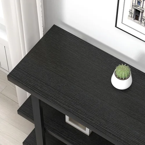Vista 4 de FOLUBAN Mesa de entrada negra, mesas consola modernas con estantes de almacenamiento de 3 niveles para sala de estar, mesa de sofá de madera y metal
