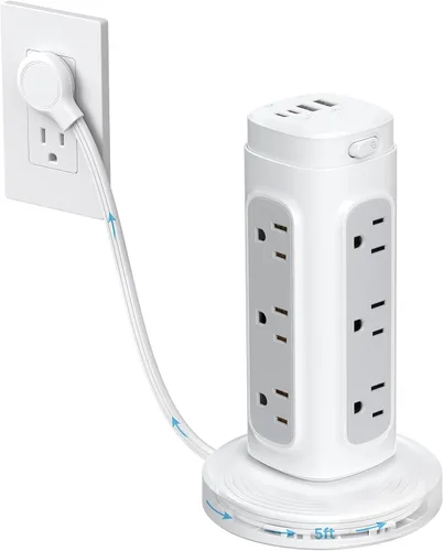 Vista 14 de TROND Torre de Regleta de Alimentación Retráctil – Regleta protectora de sobretensiones de enchufe plano con USB C PD de 20 W, cable de extensión