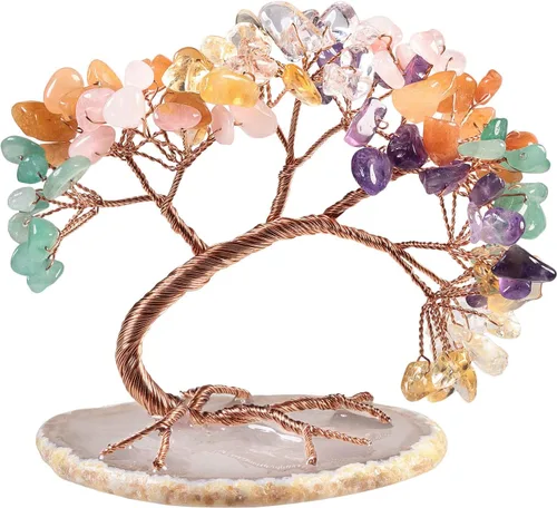 Vista 9 de Nupuyai Árbol de dinero de cristal curativo de alambre de cobre de 3-4 pulgadas para la buena suerte, base de rodajas de ágata bonsái, decoración