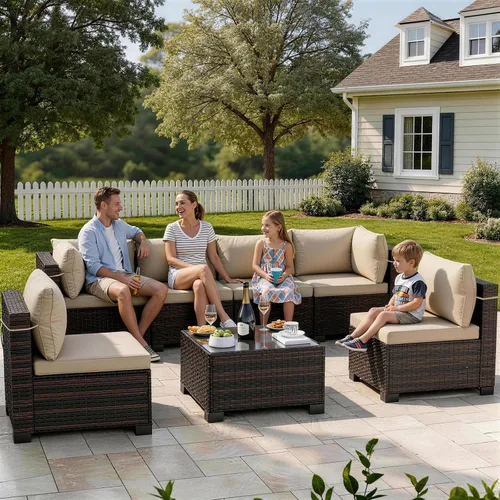 Vista 15 de LEVELEVE Juego de muebles de patio al aire libre, sofá seccional de conversación de ratán de tejido manual con mesa de centro de vidrio templado