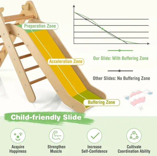 Vista 5 de HONEY JOY Escaladora triangular con rampa, escalera triangular para niños para guardería, gimnasio y parque infantil, juguetes de escalada Natural