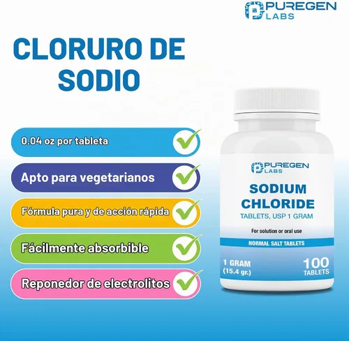 Vista 3 de Puregen Labs Tabletas de cloruro de sodio de 1 gm (1000 mg), USP (0.54 oz.) 100 unidades Tabletas de sal normal Bebida de hidratación