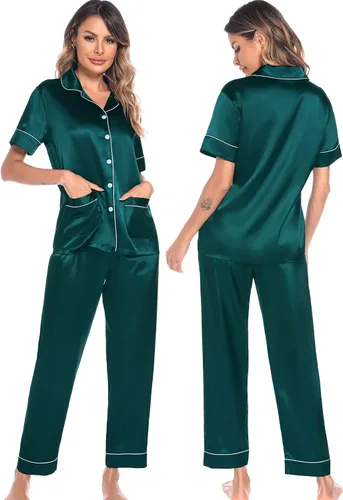 Vista 2 de SWOMOG Conjunto de pijama de satén de seda para mujer, manga corta, con botones, 2 piezas, con bolsillos