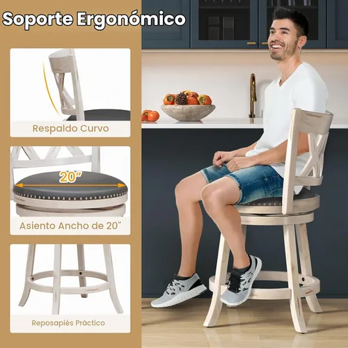Vista 7 de GIANTEX - Juego de 2 taburetes de bar de 25.5 pulgadas, taburetes giratorios de altura de mostrador con respaldo, asiento acolchado de 20 pulgadas