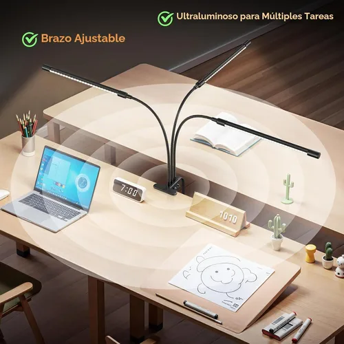 Vista 4 de ShineTech Lámpara de escritorio LED de 3 cabezales con abrazadera, luces