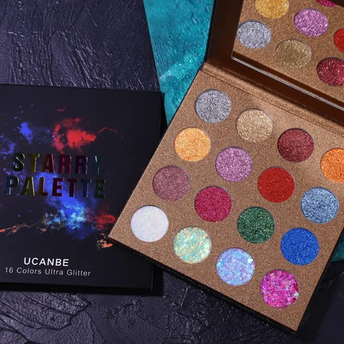 Vista 6 de UCANBE Pro Paleta de Sombra de Ojos con Purpurina - Paleta Profesional de 16 Colores - Polvo de Sombra de Ojos con Purpurina Prensada Gruesa y Fina