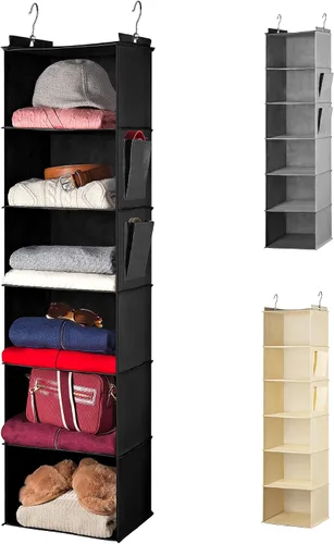 Vista 8 de Handy Laundry Organizador colgante para armario, 6 estantes para ropa, suéteres, zapatos y accesorios, estantes de armario que ahorran espacio