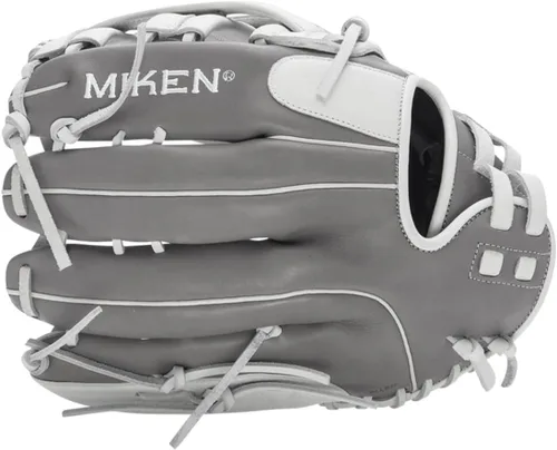 Vista 5 de Miken Player Series+ Infield Outfield Utility Slow Pitch Softball Glove 13” - 15” Size Grey White H-Web Right Hand Thrower Left Hand
