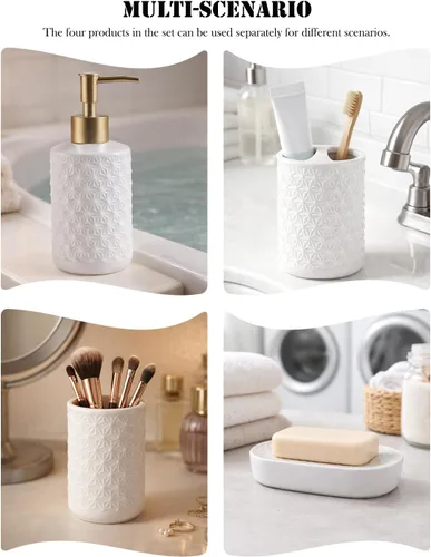 Vista 3 de Juego de accesorios de baño de cerámica, paquete de 4 conjuntos de baño para baño, incluye 1 dispensador de loción, 1 soporte para cepillo