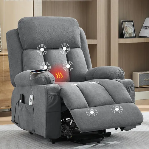 Vista 8 de Silla reclinable de gran tamaño con masaje y calor para ancianos, silla reclinable extra ancha con bolsillo lateral, silla elevadora eléctrica con 2