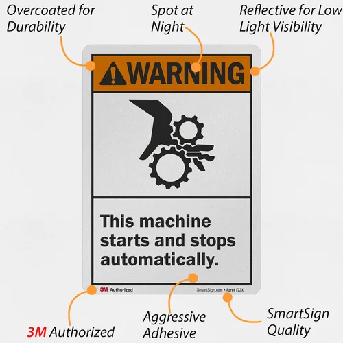 Vista 4 de SmartSign 7 x 5 pulgadas "Advertencia: esta máquina se inicia y se detiene automáticamente", etiqueta ANSI de vinilo laminado de 5.5 mil