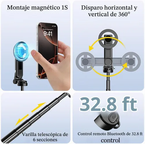 Vista 3 de Palo selfie magnético multifuncional 4 en 1 con rotación de 360°, mini trípode portátil extensible para teléfono con control remoto y anillo
