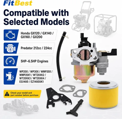 Vista 2 de FitBest GX160 Carburador con Filtro de Aire y Colector de Admisión – Reemplaza 16100-ZH8-W61 – Compatible con motores Honda GX120 GX160 GX200