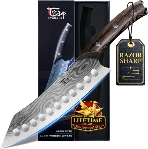 Vista 10 de SYOKAMI - Juego de cuchillos de cocina de estilo japonés de 3 piezas 8.2" Kiritsuke, 7.2" Nakiri, 4" Paring, Precision Cutting, Damascus