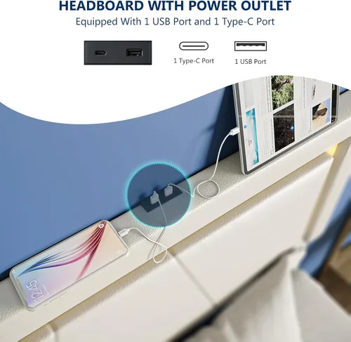 Vista 5 de Base de cama Queen con cabecera ajustable, plataforma tapizada con luces LED RGB, 4 cajones de almacenamiento y estación de carga (1 USB 1 tipo C)