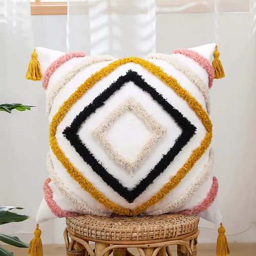 Vista 15 de JASEN Fundas de almohada bohemias, fundas de almohada decorativas tejidas con borlas y patrón de diamantes para sofá, dormitorio, sala de estar, sin