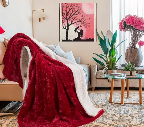 Vista 8 de DaDa Bedding Manta de Tiro Romántica de Piel Sintética Roja para San Valentín - Corazones Encantadores Mullidos Felpa Sherpa en el Reverso con Forro