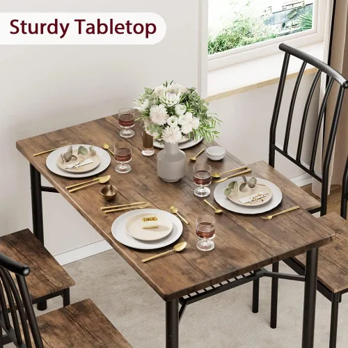 Vista 4 de Juego de mesa de comedor para 4, mesa de cocina y sillas para 4 con estante para vino, juego de mesa de comedor rectangular, juego de mesa