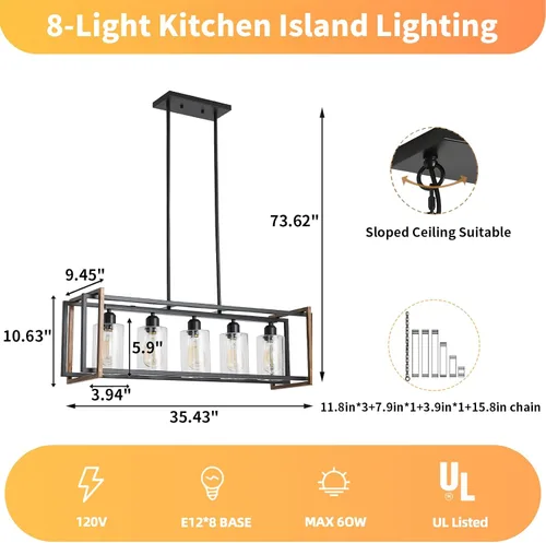 Vista 3 de Lámpara de comedor, lámparas negras de 5 luces para comedor, iluminación de isla de cocina de granja, luces colgantes para isla de cocina, lámpara