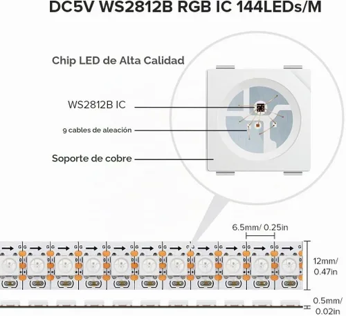 Vista 2 de SEZO WS2812B - Tira de luz LED ECO de 3.3 pies, 144 LEDs/m, direccionable PCB blanco IP30 no impermeable