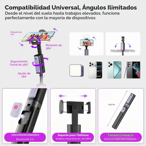 Vista 6 de Funme Trípode de seguimiento facial automático para iPhone, trípode de 59 pulgadas con control remoto, rotación de 360 grados que sigue tu