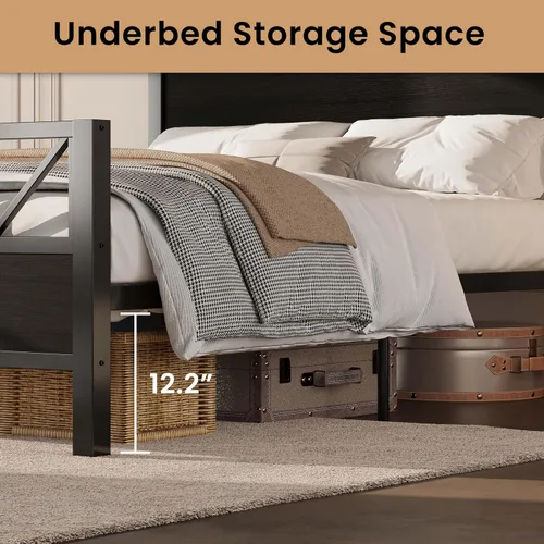 Vista 3 de LIKIMIO Base de cama Queen con cabecero industrial alto de 51.2 pulgadas, marco de cama de plataforma con soporte de metal fuerte, sólido y estable