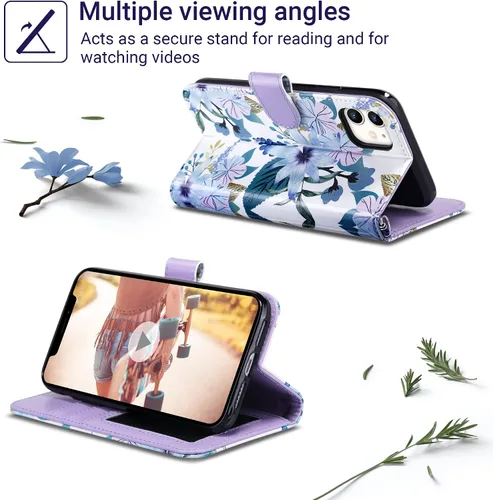 Vista 4 de ULAK - Funda tipo cartera compatible con iPhone 11 para mujer, diseño de flor [RFID Blocking] Premium PU Leather Folio Flip Cover with Card