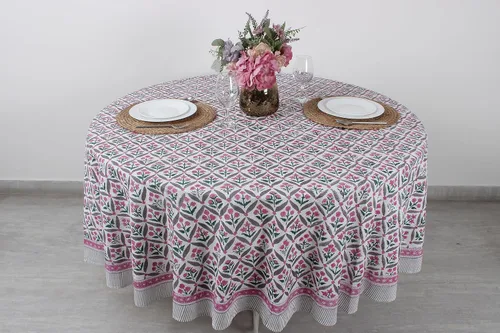 Vista 188 de Ridhi Mantel redondo estampado a mano color rosa flamenco 110 pulgadas 100%
