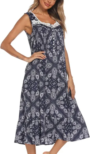 Vista 2 de AVIIER - Camisones de algodón para mujer, sin mangas, vestido largo con bolsillos para estar en casa, S-XXL