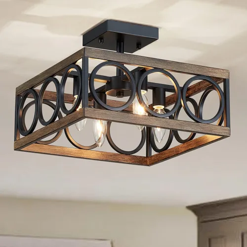Vista 12 de XINGQI Candelabro moderno cuadrado de 17.7 pulgadas, 4 luces, lámpara colgante de granja para comedor, sala de estar, dormitorio, isla de cocina