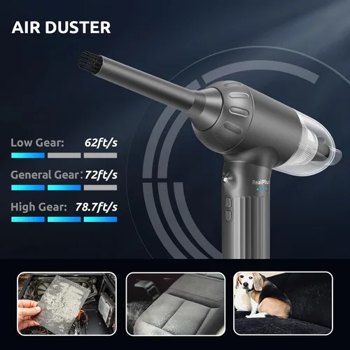 Vista 3 de RealPlus Plumero de aire comprimido 4 en 1, aspiradora y bomba, 12000Pa 7500mAh 3 velocidades recargable sin escobillas plumero eléctrico, soplador