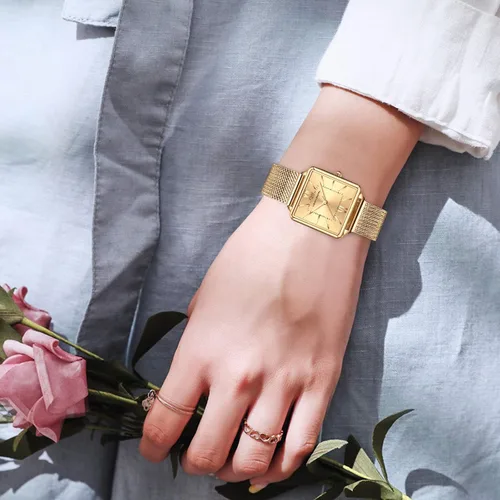 Vista 5 de RORIOS Reloj analógico de cuarzo para mujer, reloj de pulsera clásico casual con correa de malla de acero inoxidable, impermeable, simple reloj