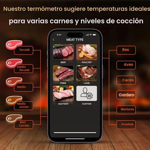 Vista 6 de Termómetro de Carne Premium Inalámbrico de 4 Sondas: Perfecto para Barbacoa, Horno, Parrilla. Aplicaciones para iOS y Android, Compatible con Apple