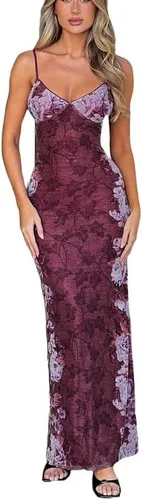 Vista 3 de Vestido largo sexy con tirantes delgados florales Y2K para mujer, sin espalda, corte bajo, ajustado, vestido largo, fiesta, club, playa