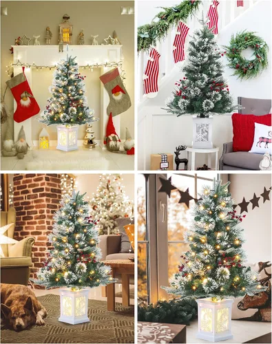 Vista 5 de Árbol de Navidad artificial preiluminado de 3 pies, árbol de Navidad de nieve flocada premium con LED blanco cálido, mini árbol de Navidad Base