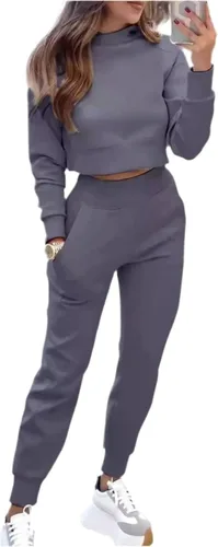 Vista 2 de Conjunto de sudadera y pantalón corto casual elegante, de dos piezas, con bolsillos, 95% poliéster, 5% elastano, ligeramente elástico