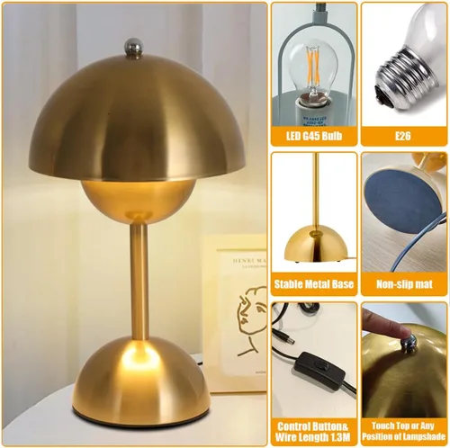 Vista 5 de Lámpara de mesa con control táctil, lámpara de seta dorada regulable, luz nocturna para dormitorio, sala de estar, estudio, cafetería, oficina, luz