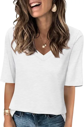 Vista 27 de Minetom Camisetas de verano básicas de media manga con cuello en V para mujer