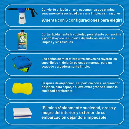 Vista 3 de Kit de limpieza de barco, jabón de lavado, pistola de espuma, esponja, paños de microfibra, limpiador marino para pontón, pesca, botes de lubina