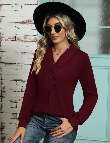Vista 5 de AKEWEI Sudadera de manga larga con cuello de chal y botones para mujer, sudadera casual con vuelo