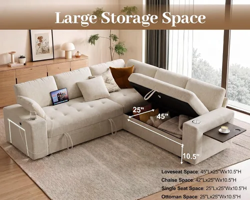 Vista 7 de Sofá modular modular de 86 pulgadas en forma de L, 5 asientos con cama Beige