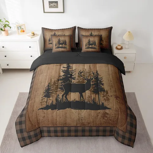 Vista 126 de Feelyou Juego de edredón de ciervo con sábanas – Tamaño Queen 7 piezas Juego de ropa de cama infantil de caza rústica – Cama de ciervo de cabaña