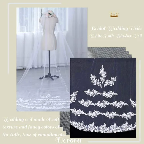 Vista 5 de Aiosy - Velo de novia con bordado, borde de encaje, con peine, longitud catedral, accesorios para el cabello