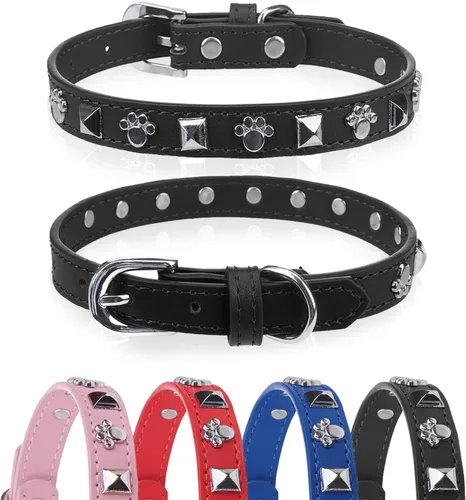 Vista 12 de Collar de cuero para perros pequeños, collar suave y ajustable con remaches de estrella y luna para perros machos y hembras, collares para cachorros