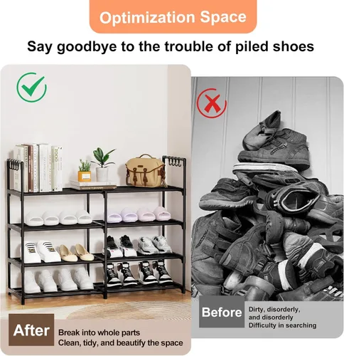 Vista 9 de Estante para zapatos de 2 filas y 4 niveles, estante de zapatos apilable de metal negro con ganchos multifuncionales, capacidad para 16-20 pares