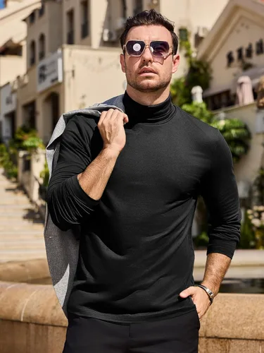 Vista 2 de Camisetas de Cuello Alto Simulado de Moda para Hombre Suéter Pullover de Manga Larga Diseño Básico Camiseta Interior Ajustada Top