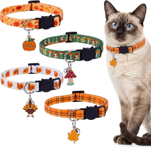 Vista 6 de Juego de collar de gato de Navidad, collares ajustables para gatos con campanas y dijes, 4 unidades por juego