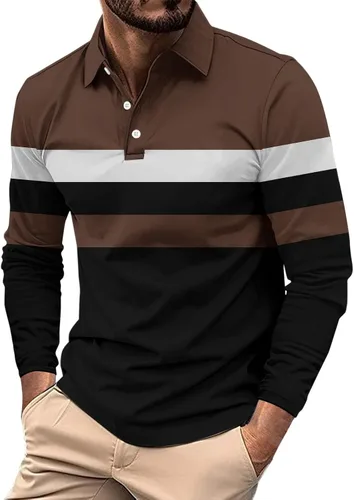 Vista 15 de Camisas polo de manga larga con estampado a rayas para hombre, camiseta de golf para exteriores, cuello en V, camiseta clásica de negocios